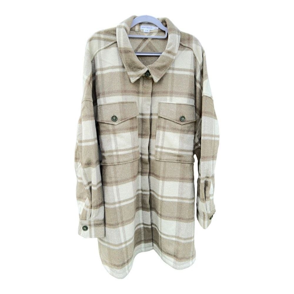 NWT Good American oversized button down wool plaid shacket olive size 7/8 or 4x